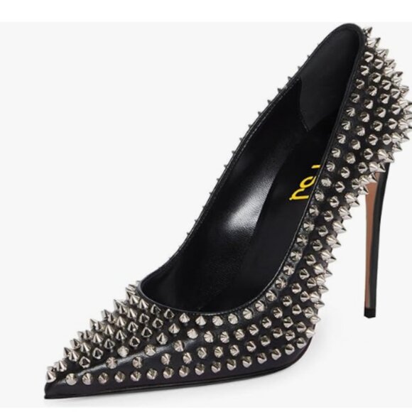FSJ Black Pointed Toe Pumps with Spike Studs Slip On Rivets High Heel Shoes - Picture 1 of 8